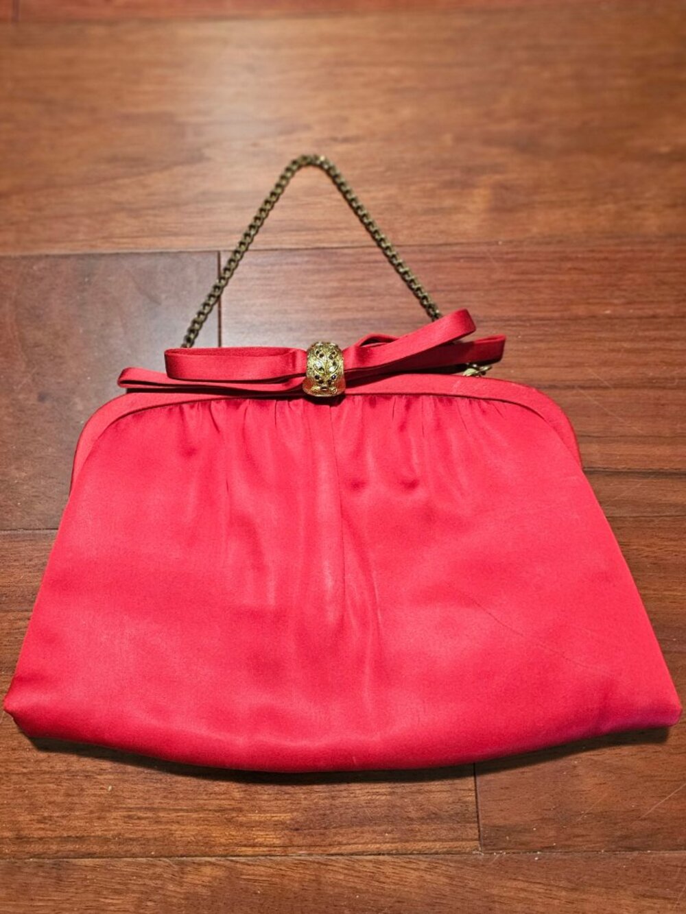Red Satin Evening Wristlet Clutch with Gold Accent
